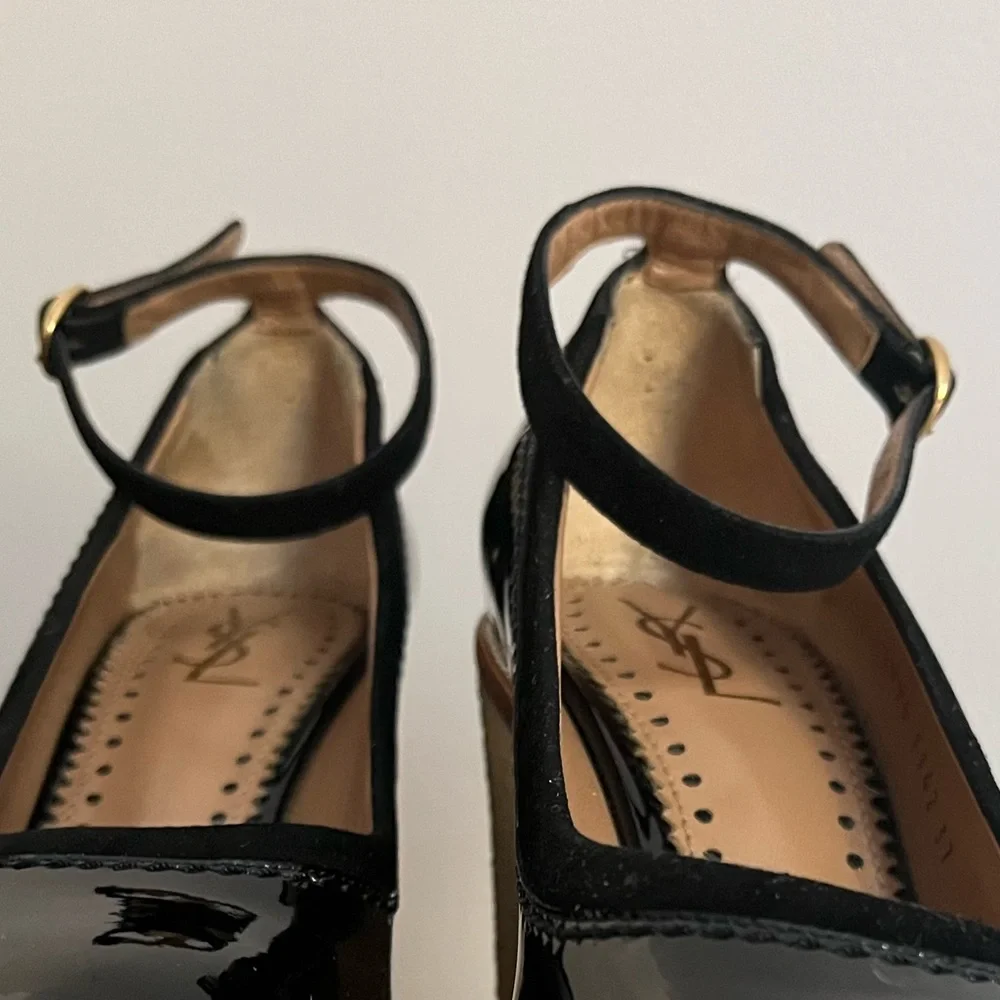 Women’s YVES SAINT LAURENT WEDGE  BLACK PATENT Mules - Picture 4 of 15